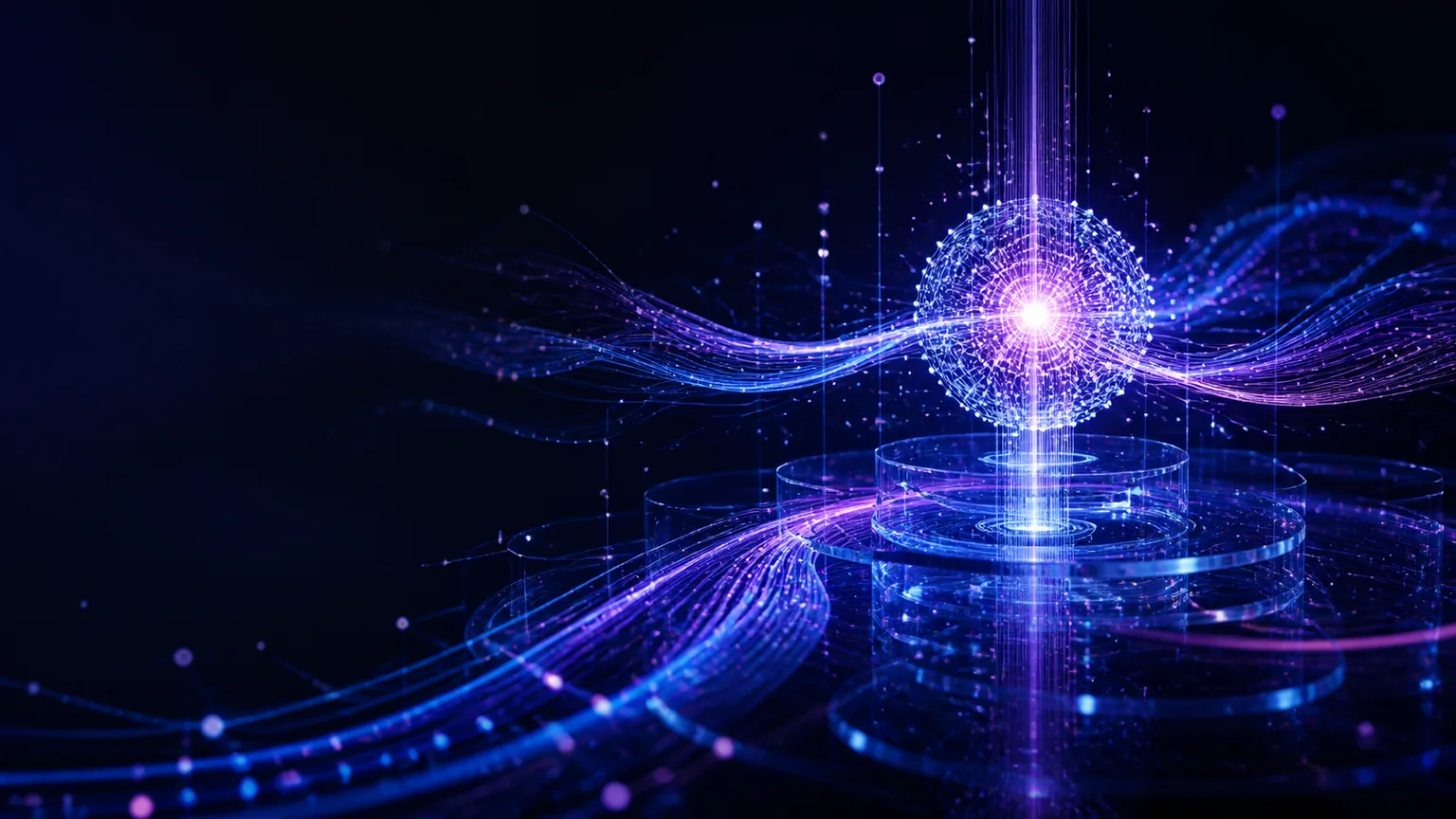 Visualización abstracta de flujos de datos conectados a un núcleo de inteligencia artificial