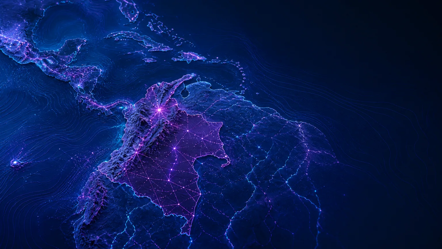 Mapa tridimensional de Latinoamérica con redes y capas de información geoespacial